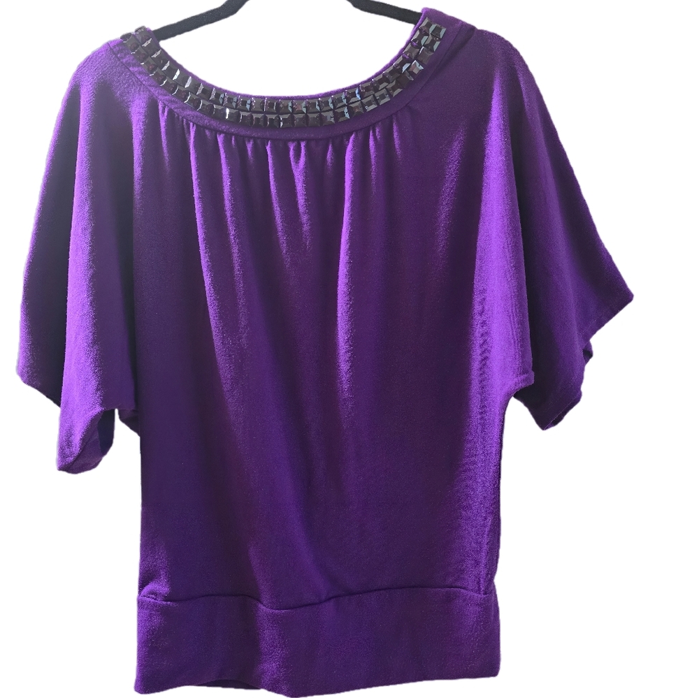 Passport Purple Women's Blouse with Dark Purple Trim and Flattering Waistline